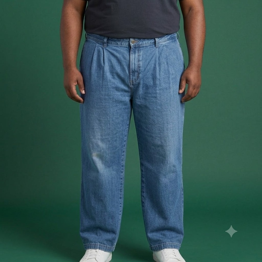 Eddie Bauer Mens Pleated Denim Pants 46 Blue 100% Cotton Elastic Waist EUC
